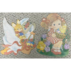 Lot of 2 Vintage Flocked Easter Decorations Bunny Chick Eggs Velvet Die Cuts